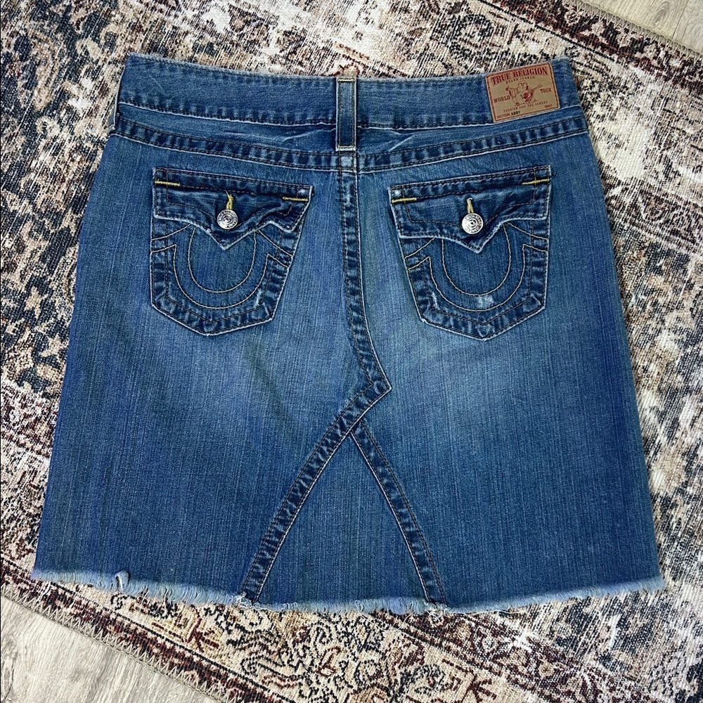 Vintage True Religion Y2K USA Made Raw Hem Blue Distressed Denim Mini Skirt | 31